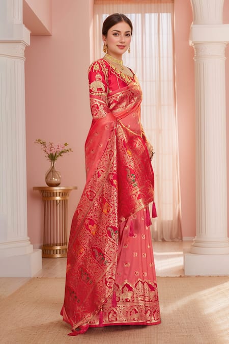 Shop Naintara Bajaj Red , Organza Sequins, Palatial Woven Pink Saree And Blouse Set Online at Aza Fashions Shop_Naintara Bajaj_Red , Organza Sequins, Palatial Woven Pink Saree And Blouse Set_Online_at_Aza_Fashions