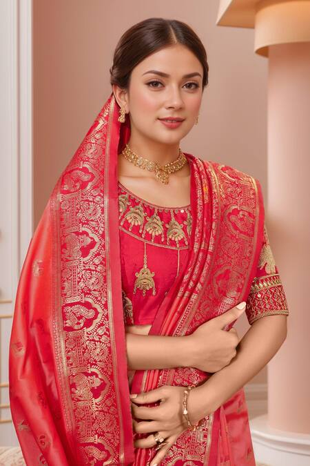 Naintara Bajaj Red , Organza Sequins, Palatial Woven Pink Saree And Blouse Set at Aza Fashions Naintara Bajaj_Red , Organza Sequins, Palatial Woven Pink Saree And Blouse Set_at_Aza_Fashions