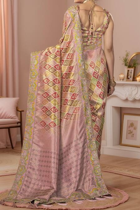Shop Samyukta Singhania Multi Color Silk Zari, Sequins, Embroidery V-neck Floral Woven Saree With Blouse at Aza Fashions Shop_Samyukta Singhania_Multi Color Silk Zari, Sequins, Embroidery V-neck Floral Woven Saree With Blouse_at_Aza_Fashions
