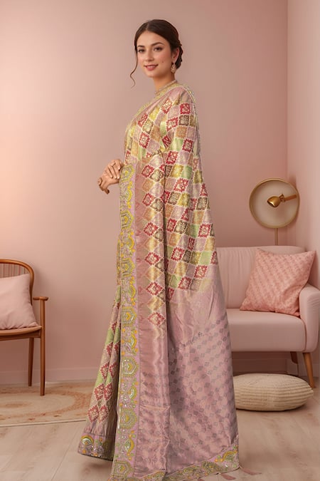 Samyukta Singhania Multi Color Silk Zari, Sequins, Embroidery V-neck Floral Woven Saree With Blouse Online at Aza Fashions Samyukta Singhania_Multi Color Silk Zari, Sequins, Embroidery V-neck Floral Woven Saree With Blouse_Online_at_Aza_Fashions