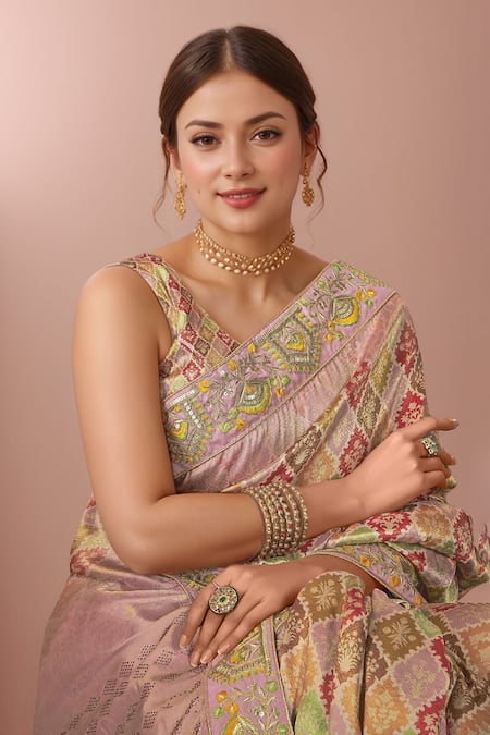 Samyukta Singhania Multi Color Silk Zari, Sequins, Embroidery V-neck Floral Woven Saree With Blouse at Aza Fashions Samyukta Singhania_Multi Color Silk Zari, Sequins, Embroidery V-neck Floral Woven Saree With Blouse_at_Aza_Fashions