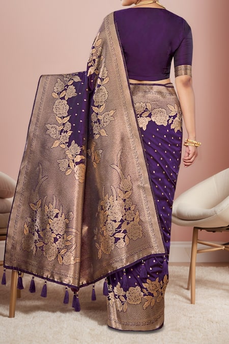 Shop Naintara Bajaj Purple , Satin Embroidery, Tassels Flower Vine Woven Saree And Blouse Set at Aza Fashions Shop_Naintara Bajaj_Purple , Satin Embroidery, Tassels Flower Vine Woven Saree And Blouse Set _at_Aza_Fashions