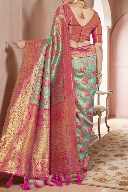 Shop Naintara Bajaj Pink Brocade, Silk Embroidery V-neck Mughal Woven Saree And Blouse Set at Aza Fashions Shop_Naintara Bajaj_Pink Brocade, Silk Embroidery V-neck Mughal Woven Saree And Blouse Set _at_Aza_Fashions
