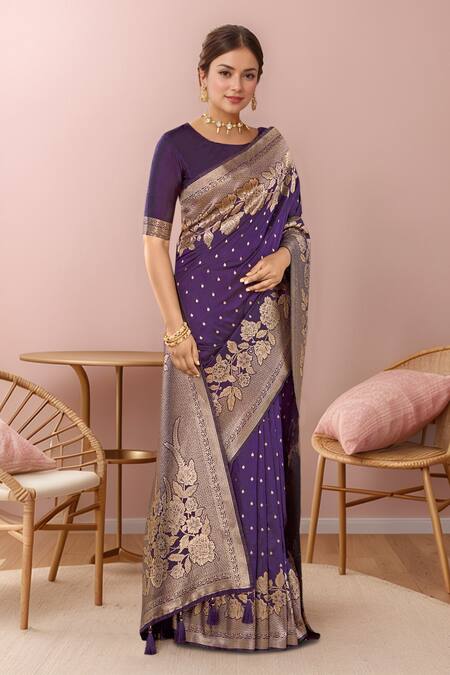 Buy Naintara Bajaj Purple , Satin Embroidery, Tassels Flower Vine Woven Saree And Blouse Set Online at Aza Fashions Buy_Naintara Bajaj_Purple , Satin Embroidery, Tassels Flower Vine Woven Saree And Blouse Set _Online_at_Aza_Fashions