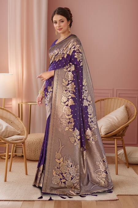Shop Naintara Bajaj Purple , Satin Embroidery, Tassels Flower Vine Woven Saree And Blouse Set Online at Aza Fashions Shop_Naintara Bajaj_Purple , Satin Embroidery, Tassels Flower Vine Woven Saree And Blouse Set _Online_at_Aza_Fashions