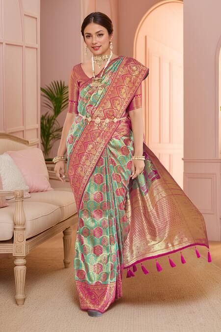 Naintara Bajaj Pink Brocade, Silk Embroidery V-neck Mughal Woven Saree And Blouse Set Online at Aza Fashions Naintara Bajaj_Pink Brocade, Silk Embroidery V-neck Mughal Woven Saree And Blouse Set _Online_at_Aza_Fashions