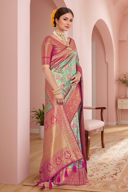 Buy Naintara Bajaj Pink Brocade, Silk Embroidery V-neck Mughal Woven Saree And Blouse Set Online at Aza Fashions Buy_Naintara Bajaj_Pink Brocade, Silk Embroidery V-neck Mughal Woven Saree And Blouse Set _Online_at_Aza_Fashions