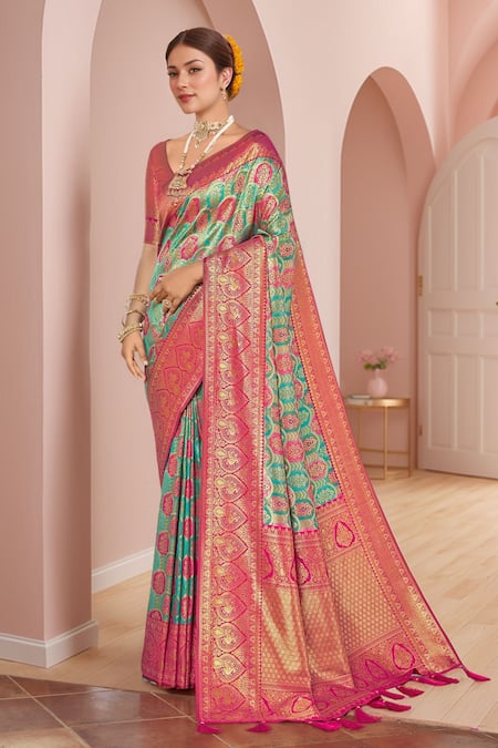 Shop Naintara Bajaj Pink Brocade, Silk Embroidery V-neck Mughal Woven Saree And Blouse Set Online at Aza Fashions Shop_Naintara Bajaj_Pink Brocade, Silk Embroidery V-neck Mughal Woven Saree And Blouse Set _Online_at_Aza_Fashions