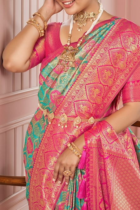 Naintara Bajaj Pink Brocade, Silk Embroidery V-neck Mughal Woven Saree And Blouse Set at Aza Fashions Naintara Bajaj_Pink Brocade, Silk Embroidery V-neck Mughal Woven Saree And Blouse Set _at_Aza_Fashions