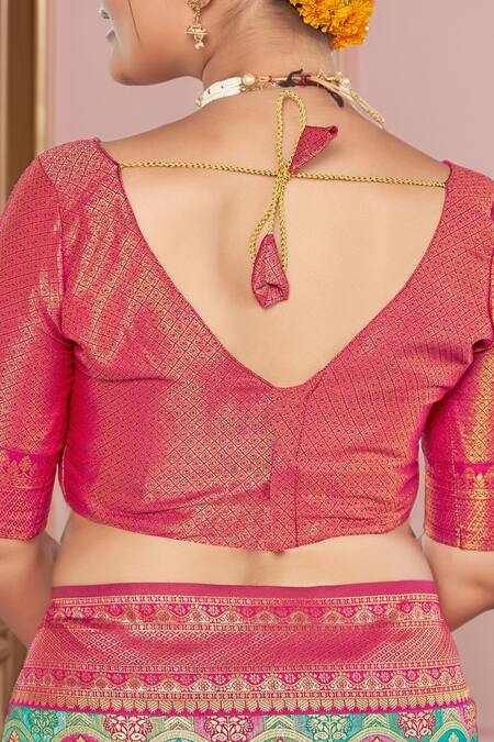 Buy Naintara Bajaj Pink Brocade, Silk Embroidery V-neck Mughal Woven Saree And Blouse Set Buy_Naintara Bajaj_Pink Brocade, Silk Embroidery V-neck Mughal Woven Saree And Blouse Set