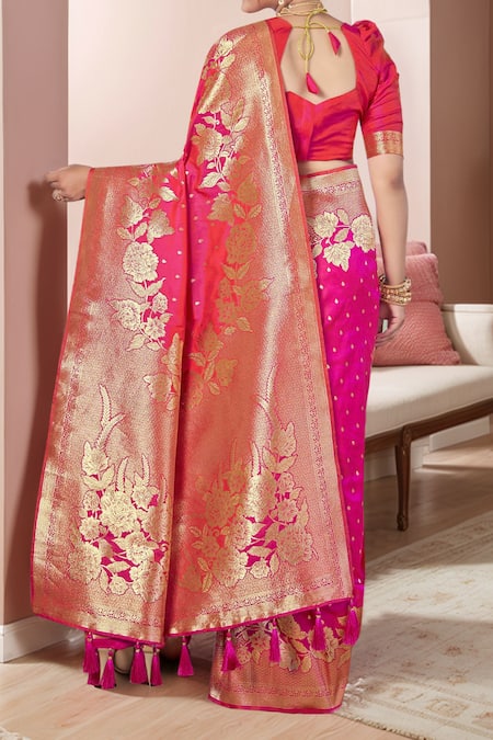 Shop_Naintara Bajaj_Pink , Satin Embroidery, Tassels Bloom Woven Saree Set With Blouse _at_Aza_Fashions