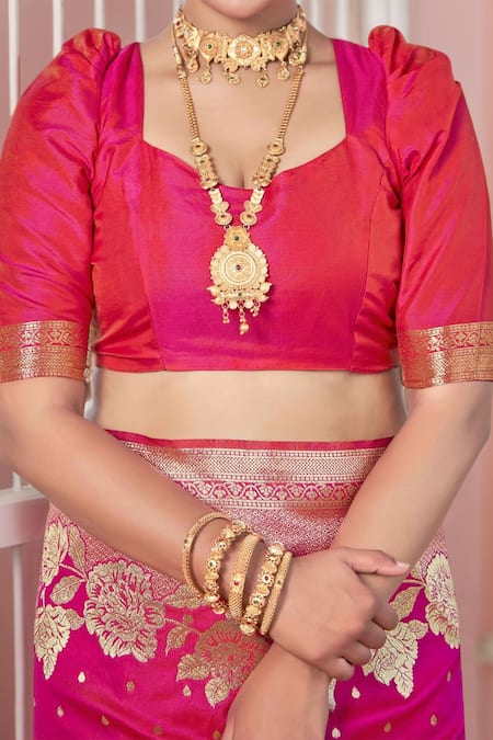 Naintara Bajaj_Pink , Satin Embroidery, Tassels Bloom Woven Saree Set With Blouse _Online_at_Aza_Fashions