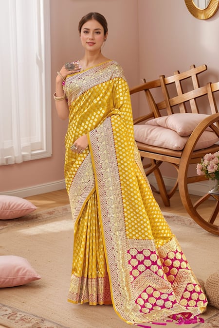 Naintara Bajaj_Yellow Georgette, Silk Embroidery Round Neck Floral Butti Woven Saree And Blouse _Online_at_Aza_Fashions