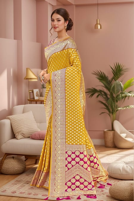 Buy_Naintara Bajaj_Yellow Georgette, Silk Embroidery Round Neck Floral Butti Woven Saree And Blouse _Online_at_Aza_Fashions