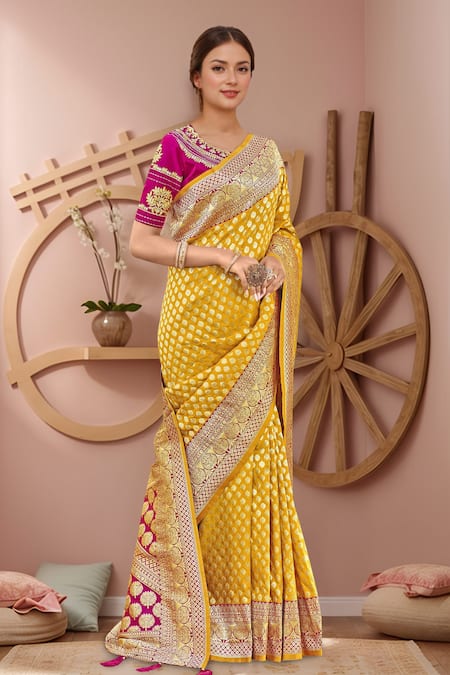 Shop_Naintara Bajaj_Yellow Georgette, Silk Embroidery Round Neck Floral Butti Woven Saree And Blouse _Online_at_Aza_Fashions