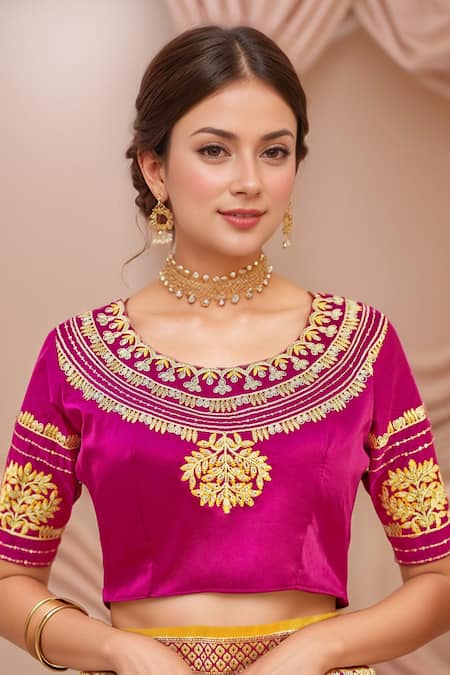 Naintara Bajaj_Yellow Georgette, Silk Embroidery Round Neck Floral Butti Woven Saree And Blouse _at_Aza_Fashions