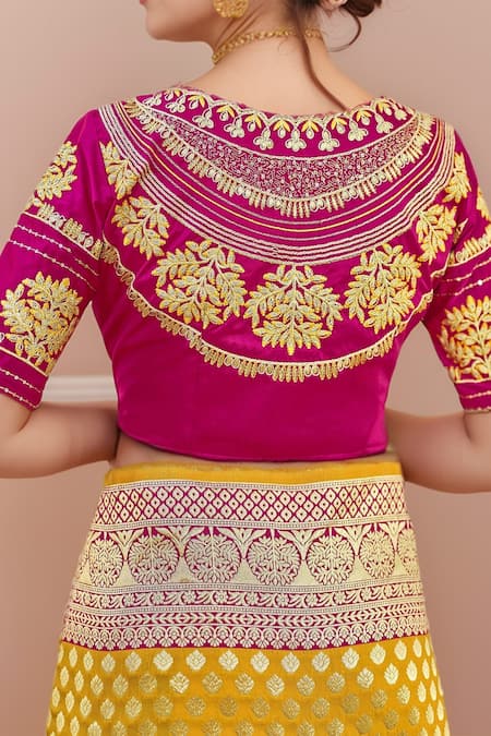 Buy_Naintara Bajaj_Yellow Georgette, Silk Embroidery Round Neck Floral Butti Woven Saree And Blouse 