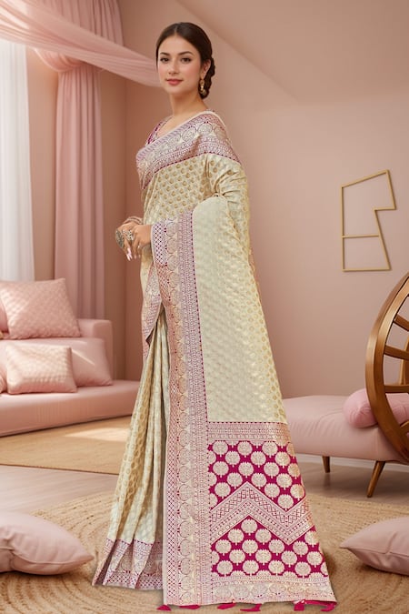 Naintara Bajaj_Cream Georgette, Silk Embroidery, Sequins Round Floral Woven Saree With Blouse _Online_at_Aza_Fashions