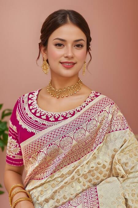 Buy_Naintara Bajaj_Cream Georgette, Silk Embroidery, Sequins Round Floral Woven Saree With Blouse _Online_at_Aza_Fashions