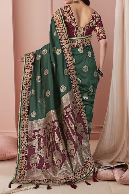 Shop_Naintara Bajaj_Purple Georgette, Silk Embroidery, Zari, Sequins Floral Heritage Woven Saree Set _at_Aza_Fashions