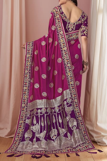 Shop_Naintara Bajaj_Pink Georgette, Silk Sequins, Zari, Embroidery Open Floral Bloom Woven Saree Set _at_Aza_Fashions
