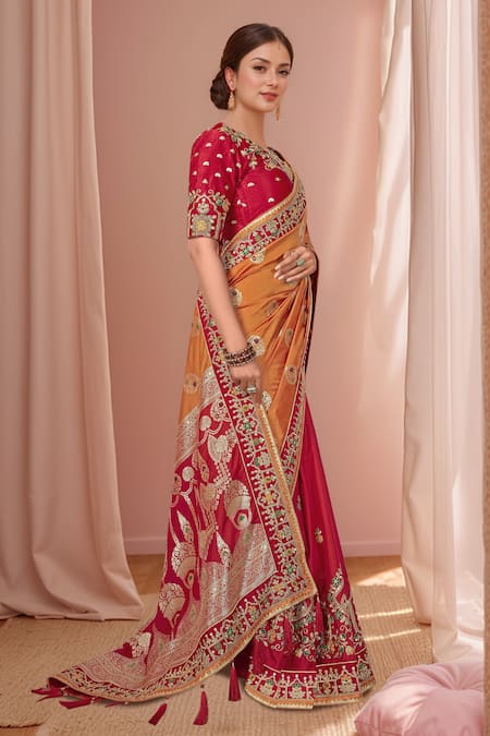 Naintara Bajaj_Red , Satin Sequins, Embroidery, Floral Butta Woven Saree And Blouse Set _Online_at_Aza_Fashions