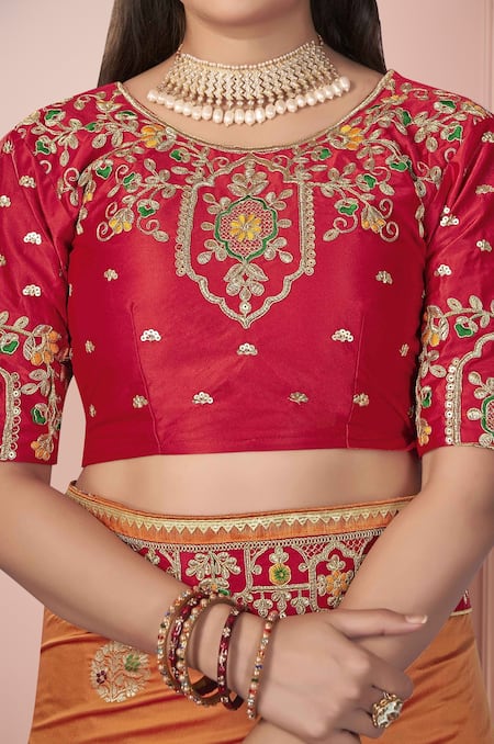 Shop_Naintara Bajaj_Red , Satin Sequins, Embroidery, Floral Butta Woven Saree And Blouse Set _Online_at_Aza_Fashions