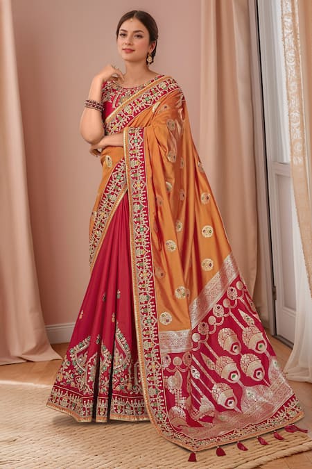 Buy_Naintara Bajaj_Red , Satin Sequins, Embroidery, Floral Butta Woven Saree And Blouse Set 