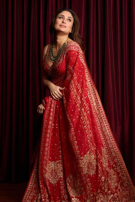 Shop_RI.Ritu Kumar_Red Saree And Blouse Fabric & Viscose Villa With Unstitched _at_Aza_Fashions