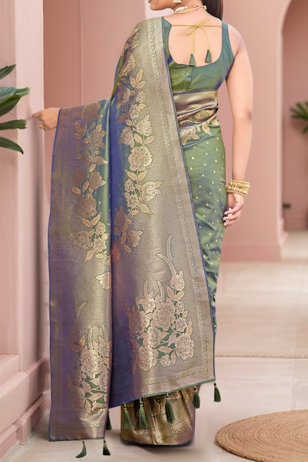 Shop Naintara Bajaj Green , Satin Embroidery, Florette Woven Saree With Sleeveless Blouse at Aza Fashions Shop_Naintara Bajaj_Green , Satin Embroidery, Florette Woven Saree With Sleeveless Blouse _at_Aza_Fashions