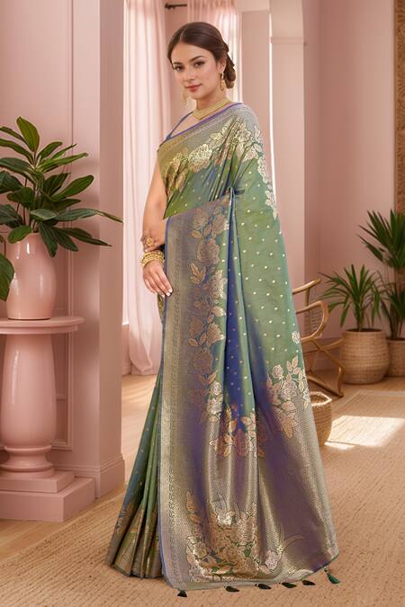 Naintara Bajaj Green , Satin Embroidery, Florette Woven Saree With Sleeveless Blouse Online at Aza Fashions Naintara Bajaj_Green , Satin Embroidery, Florette Woven Saree With Sleeveless Blouse _Online_at_Aza_Fashions