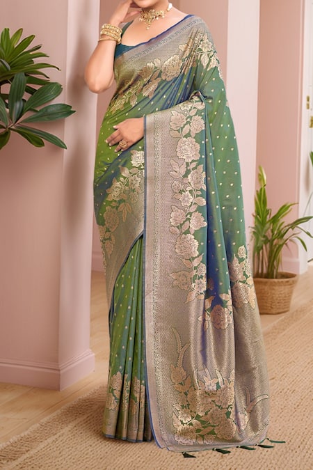 Buy Naintara Bajaj Green , Satin Embroidery, Florette Woven Saree With Sleeveless Blouse Online at Aza Fashions Buy_Naintara Bajaj_Green , Satin Embroidery, Florette Woven Saree With Sleeveless Blouse _Online_at_Aza_Fashions