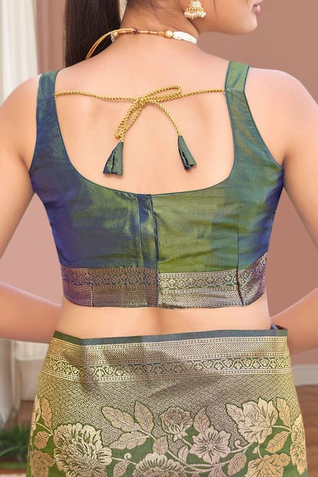 Naintara Bajaj Green , Satin Embroidery, Florette Woven Saree With Sleeveless Blouse at Aza Fashions Naintara Bajaj_Green , Satin Embroidery, Florette Woven Saree With Sleeveless Blouse _at_Aza_Fashions