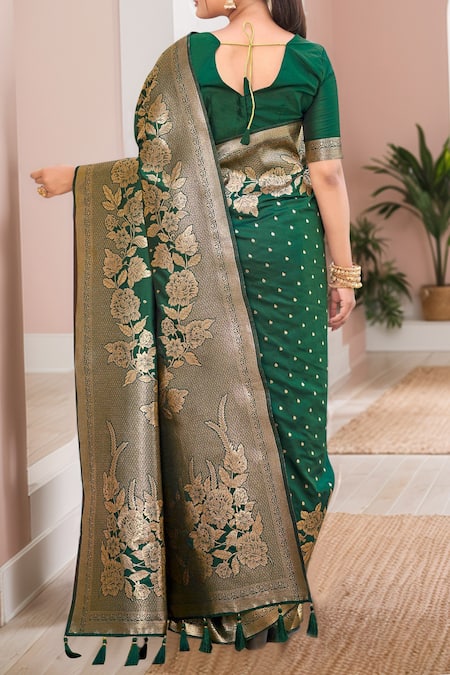 Shop Naintara Bajaj Green , Satin Embroidery, Tassels Fleur Bloom Woven Saree And Blouse Set at Aza Fashions Shop_Naintara Bajaj_Green , Satin Embroidery, Tassels Fleur Bloom Woven Saree And Blouse Set _at_Aza_Fashions