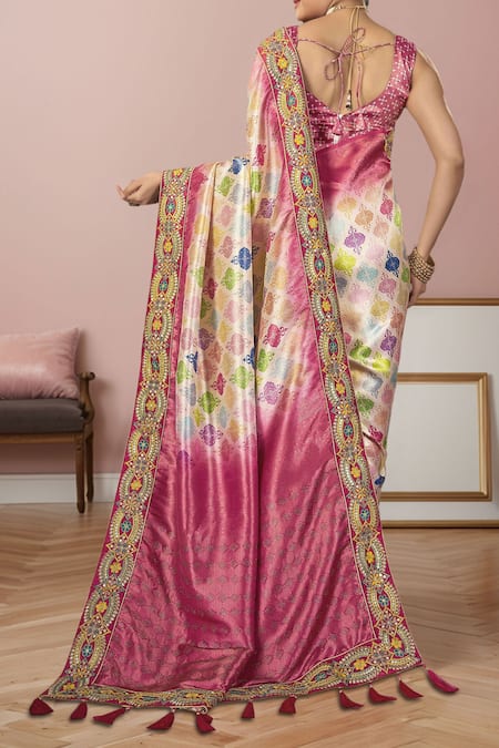 Shop Naintara Bajaj Pink Silk Sequins, Zari, Embroidery V-neck Mughal Floral Woven Saree Set at Aza Fashions Shop_Naintara Bajaj_Pink Silk Sequins, Zari, Embroidery V-neck Mughal Floral Woven Saree Set _at_Aza_Fashions