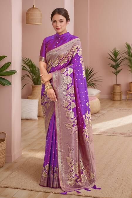 Naintara Bajaj Purple Silk Embroidery Mandarin Collar Mughal Bloom Woven Saree Set Online at Aza Fashions Naintara Bajaj_Purple Silk Embroidery Mandarin Collar Mughal Bloom Woven Saree Set_Online_at_Aza_Fashions