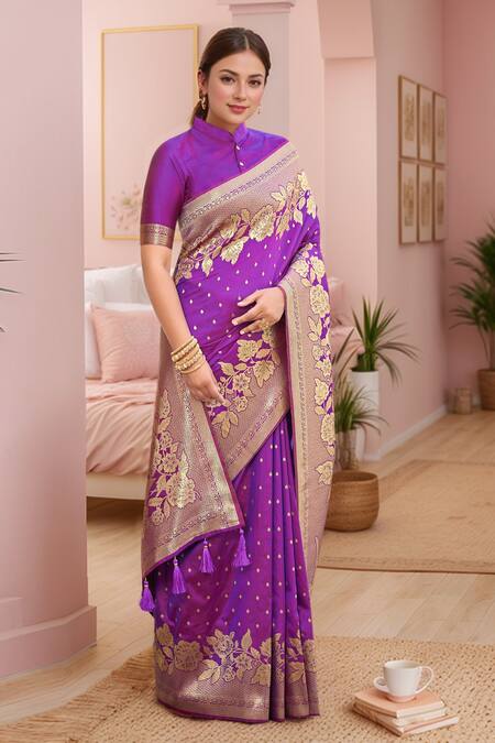 Buy Naintara Bajaj Purple Silk Embroidery Mandarin Collar Mughal Bloom Woven Saree Set Online at Aza Fashions Buy_Naintara Bajaj_Purple Silk Embroidery Mandarin Collar Mughal Bloom Woven Saree Set_Online_at_Aza_Fashions