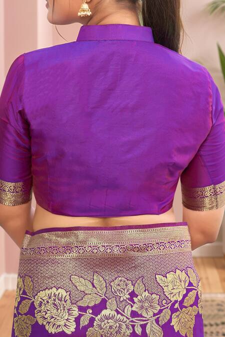 Shop Naintara Bajaj Purple Silk Embroidery Mandarin Collar Mughal Bloom Woven Saree Set Online at Aza Fashions Shop_Naintara Bajaj_Purple Silk Embroidery Mandarin Collar Mughal Bloom Woven Saree Set_Online_at_Aza_Fashions