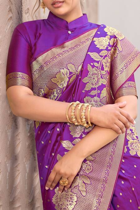 Naintara Bajaj Purple Silk Embroidery Mandarin Collar Mughal Bloom Woven Saree Set at Aza Fashions Naintara Bajaj_Purple Silk Embroidery Mandarin Collar Mughal Bloom Woven Saree Set_at_Aza_Fashions