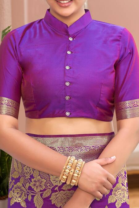 Buy Naintara Bajaj Purple Silk Embroidery Mandarin Collar Mughal Bloom Woven Saree Set Buy_Naintara Bajaj_Purple Silk Embroidery Mandarin Collar Mughal Bloom Woven Saree Set