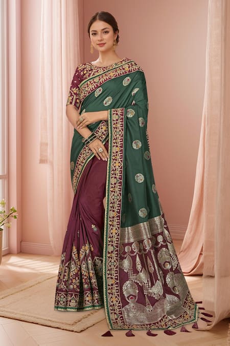 Buy_Naintara Bajaj_Purple Georgette, Silk Embroidery, Zari, Sequins Floral Heritage Woven Saree Set _at_Aza_Fashions