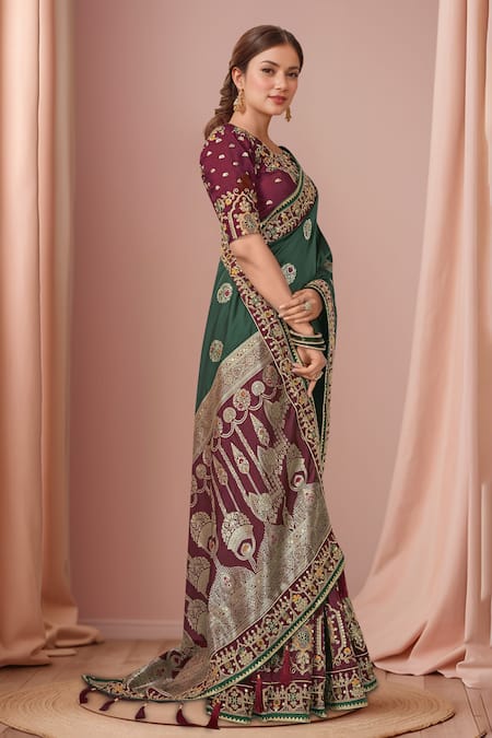Shop_Naintara Bajaj_Purple Georgette, Silk Embroidery, Zari, Sequins Floral Heritage Woven Saree Set _Online_at_Aza_Fashions