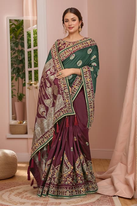 Naintara Bajaj_Purple Georgette, Silk Embroidery, Zari, Sequins Floral Heritage Woven Saree Set _at_Aza_Fashions