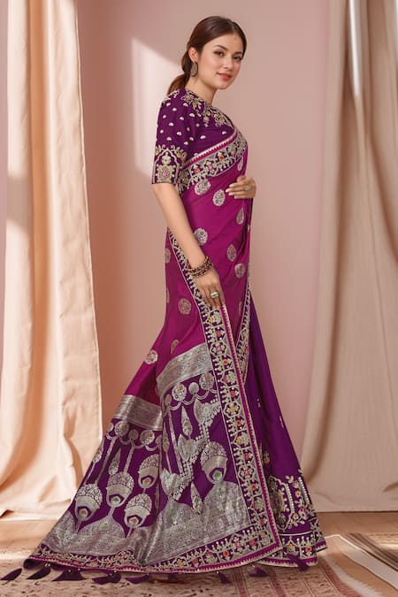 Naintara Bajaj_Pink Georgette, Silk Sequins, Zari, Embroidery Open Floral Bloom Woven Saree Set _at_Aza_Fashions