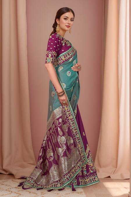 Buy Naintara Bajaj Purple Silk, Georgette Embroidery, Zari Boat Floral Chandelier Woven Saree Set Online at Aza Fashions Buy_Naintara Bajaj_Purple Silk, Georgette Embroidery, Zari Boat Floral Chandelier Woven Saree Set _Online_at_Aza_Fashions