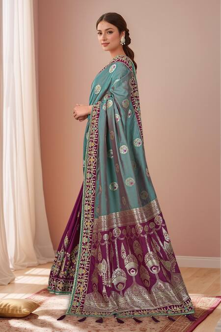 Shop Naintara Bajaj Purple Silk, Georgette Embroidery, Zari Boat Floral Chandelier Woven Saree Set Online at Aza Fashions Shop_Naintara Bajaj_Purple Silk, Georgette Embroidery, Zari Boat Floral Chandelier Woven Saree Set _Online_at_Aza_Fashions