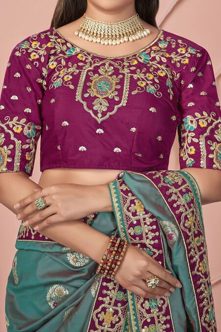 Naintara Bajaj Purple Silk, Georgette Embroidery, Zari Boat Floral Chandelier Woven Saree Set at Aza Fashions Naintara Bajaj_Purple Silk, Georgette Embroidery, Zari Boat Floral Chandelier Woven Saree Set _at_Aza_Fashions