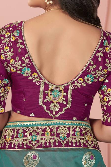 Buy Naintara Bajaj Purple Silk, Georgette Embroidery, Zari Boat Floral Chandelier Woven Saree Set Buy_Naintara Bajaj_Purple Silk, Georgette Embroidery, Zari Boat Floral Chandelier Woven Saree Set