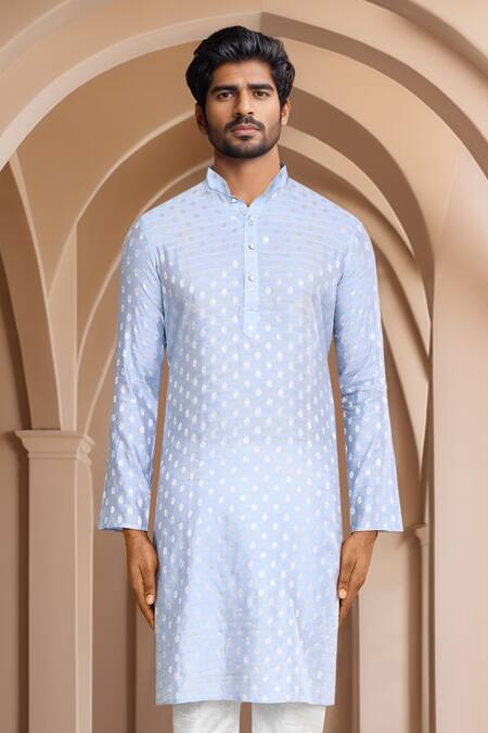 Arihant Rai Sinha_Blue Brocade, Acrylic Geometric Woven Kurta Set_at_Aza_Fashions