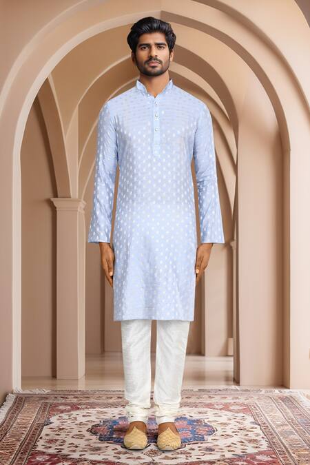 Shop_Arihant Rai Sinha_Blue Brocade, Acrylic Geometric Woven Kurta Set